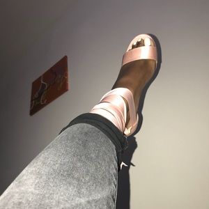 Baby pink satin wrap up heel